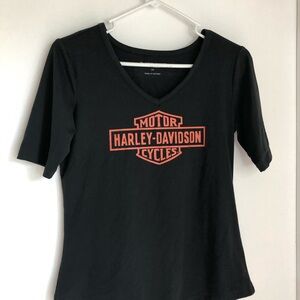 Harley-Davidson Women's Black and Orange V-Neck Tee